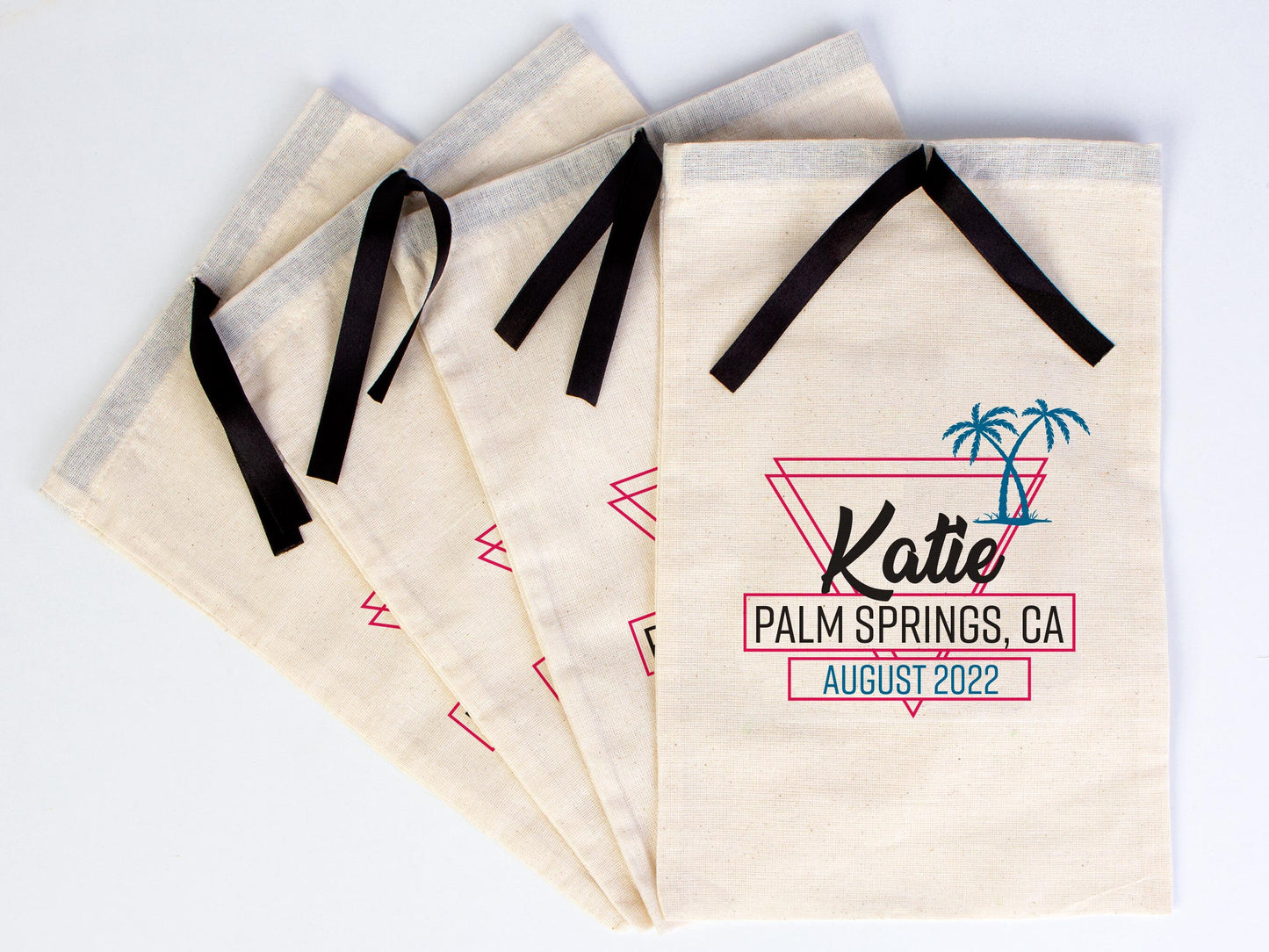 Palm Springs Ca Bags, Hangover bags with Black Ribbon, Custom Organic Cotton Pouch, Wedding Recovery Kit Party Bachelorette Birthday Party