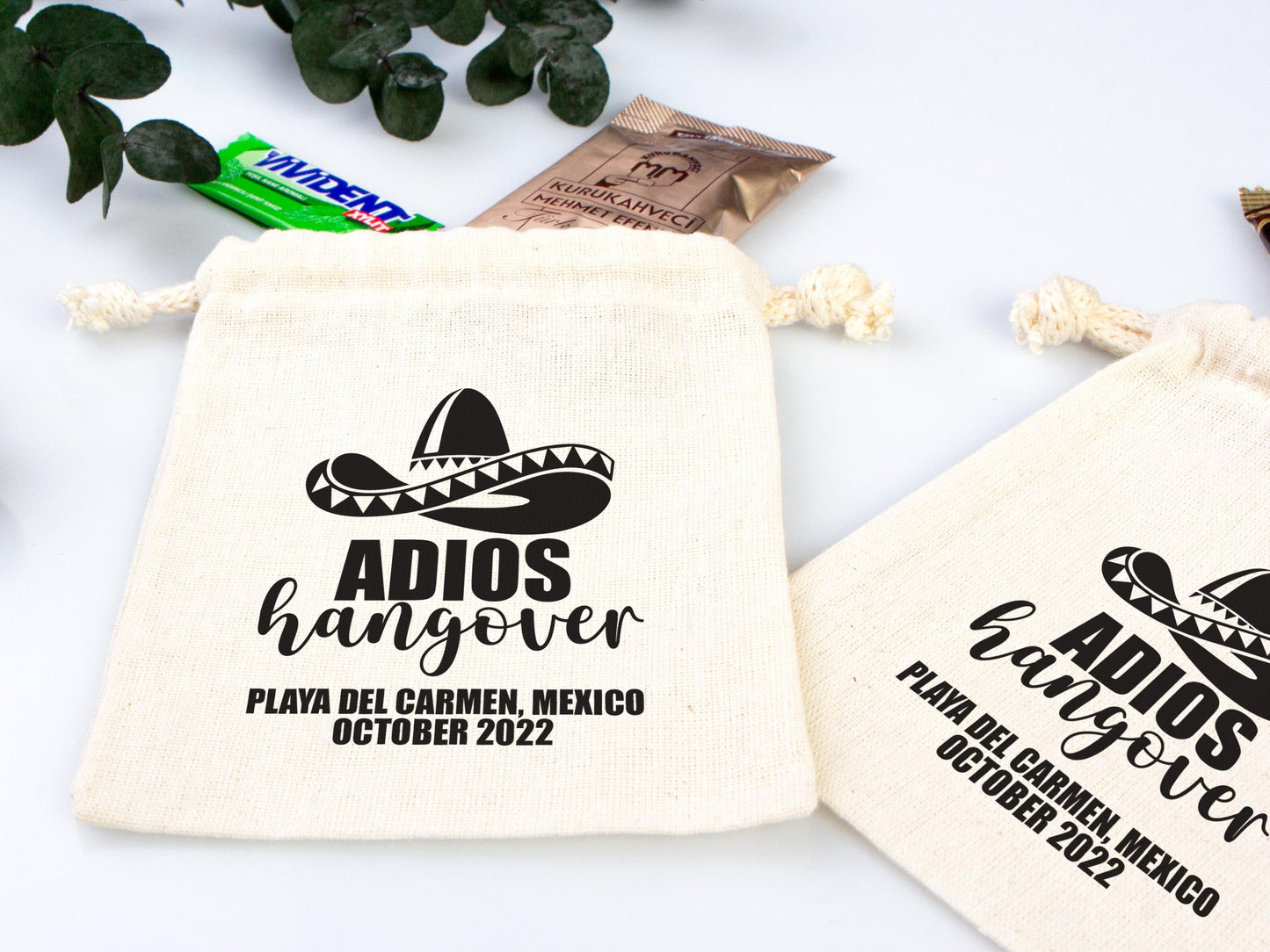 Adios Hangover Kit Bags - Raw Cotton Fabric - Party Recovery Kit Pouch - Survival Kit - Custom Mexico Hangover Bags