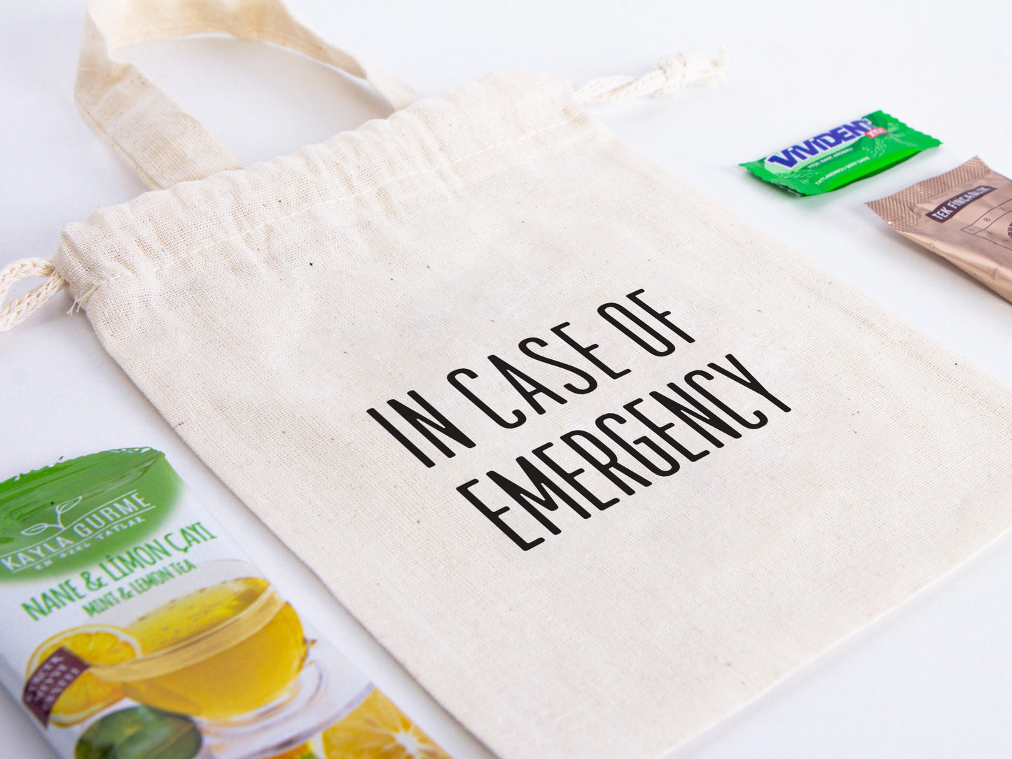 In Case Of Emergency, hangover kit  Bag 6"W x 8"H (15.5 cm x 20 cm)  survival kit Bag, Birthday Bag, Cotton - Eco-Friendly- Reusable Bags