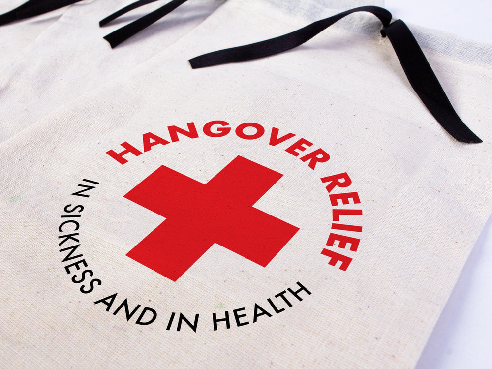 Hangover relief in sicknees and health kit bags, Hangover bags with Black Ribbon,  Hangover kit bags, Wedding Recovery Kit Party bags