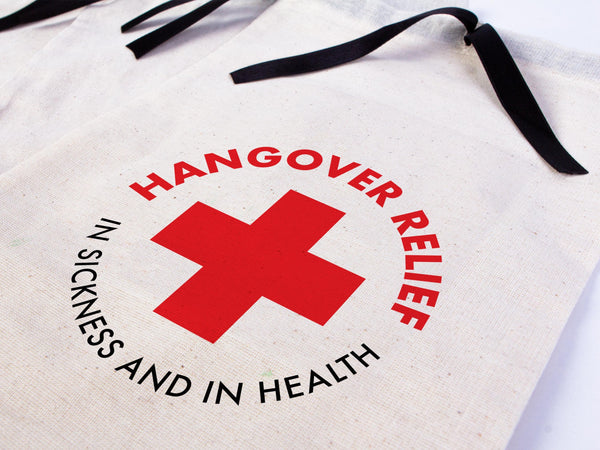 Hangover relief in sicknees and health kit bags, Hangover bags with Black Ribbon,  Hangover kit bags, Wedding Recovery Kit Party bags