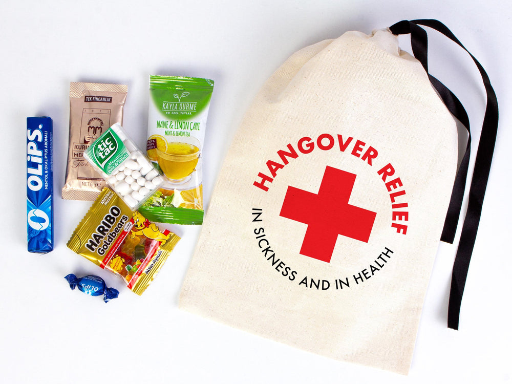 Hangover relief in sicknees and health kit bags, Hangover bags with Black Ribbon,  Hangover kit bags, Wedding Recovery Kit Party bags