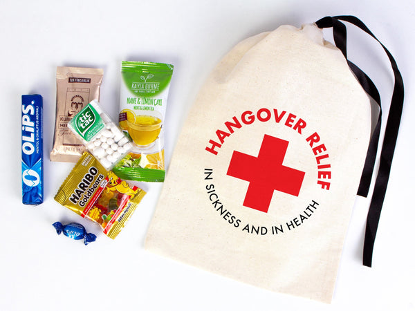 Hangover relief in sicknees and health kit bags, Hangover bags with Black Ribbon,  Hangover kit bags, Wedding Recovery Kit Party bags