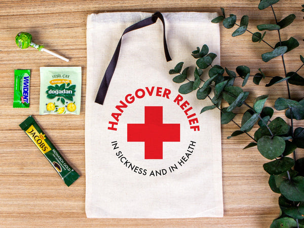 Hangover relief in sicknees and health kit bags, Hangover bags with Black Ribbon,  Hangover kit bags, Wedding Recovery Kit Party bags