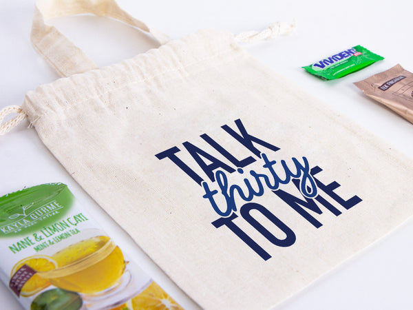 Talk Thirty To Me Bags - 6"W x 8"H  (15.5 cm x 20 cm) Hangover Kit Pouch - Recovery Kit  - Survival Kit - Custom Print Bags For Party - Organic Cotton Bag