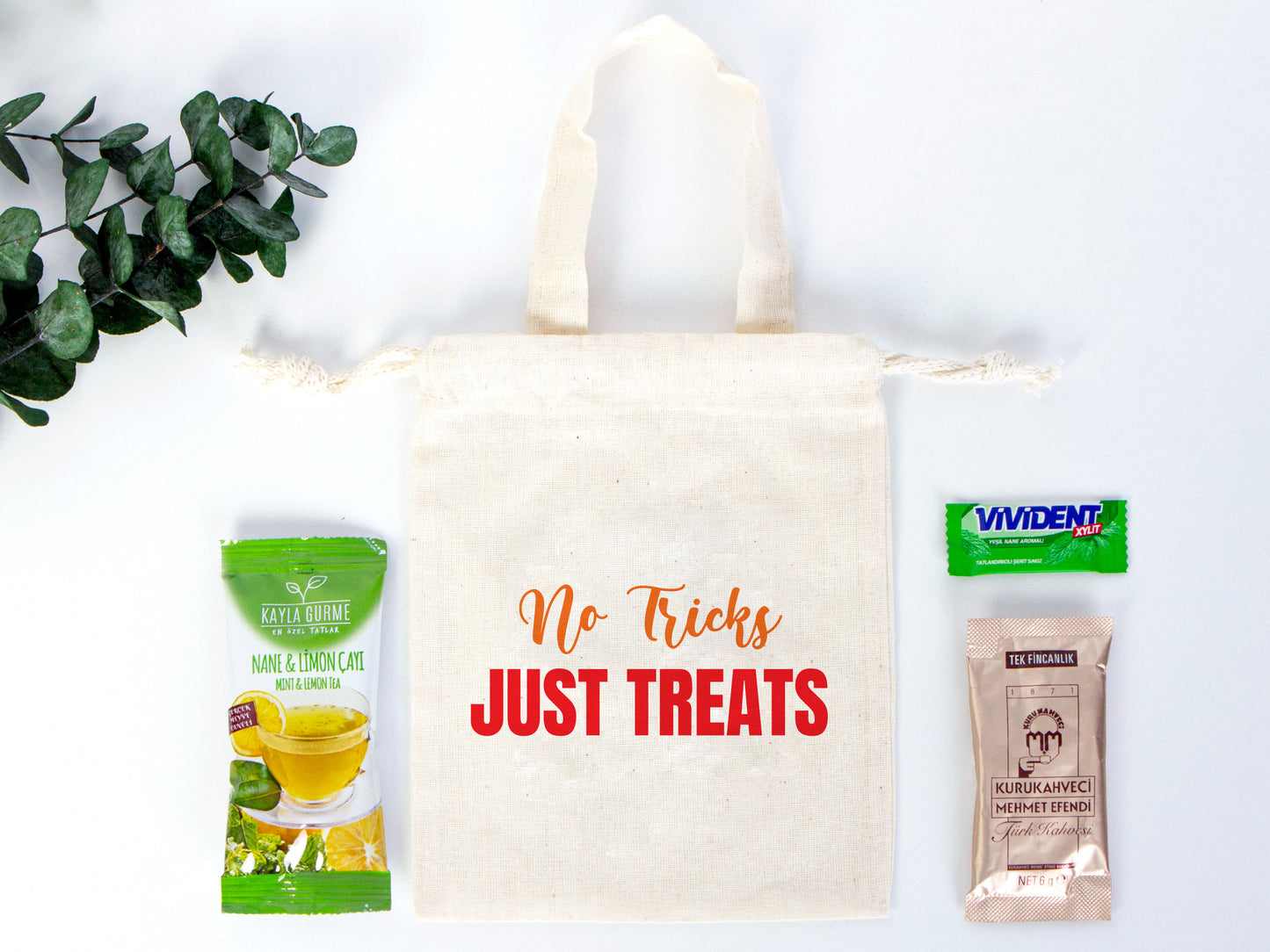 No Tricks Just Treats -  Hangover, Wedding, Birthday, Party Favor Bags, Natural Eco Friendly Cotton Favor Bags, Cotton Pouch Bags