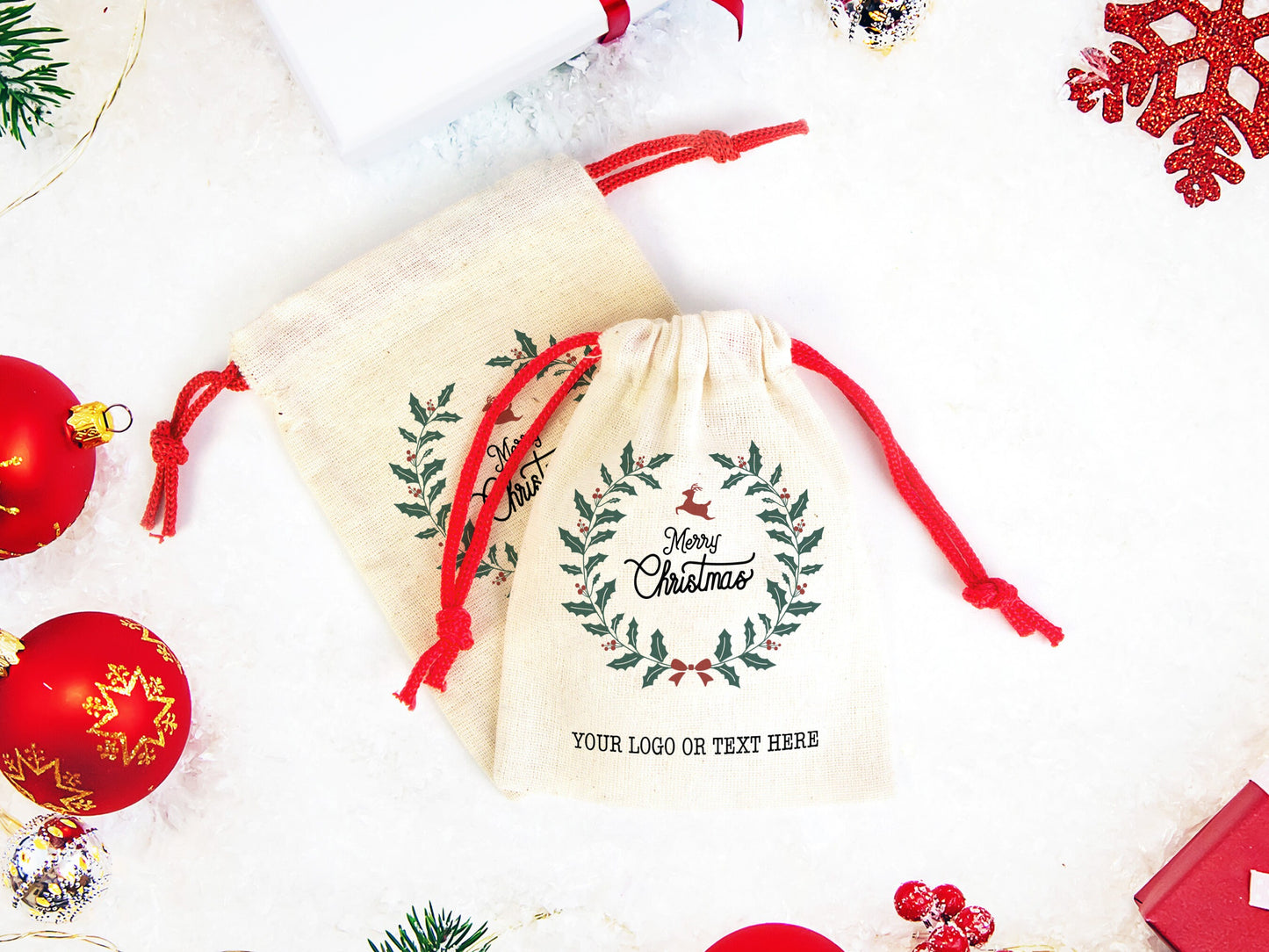 Merry Christmas Pouch Bags, Colorful Drawstring Rope, You Can Add Logo & Text, Personalized Cotton Bags For You, Muslin Bags, 14 Combination