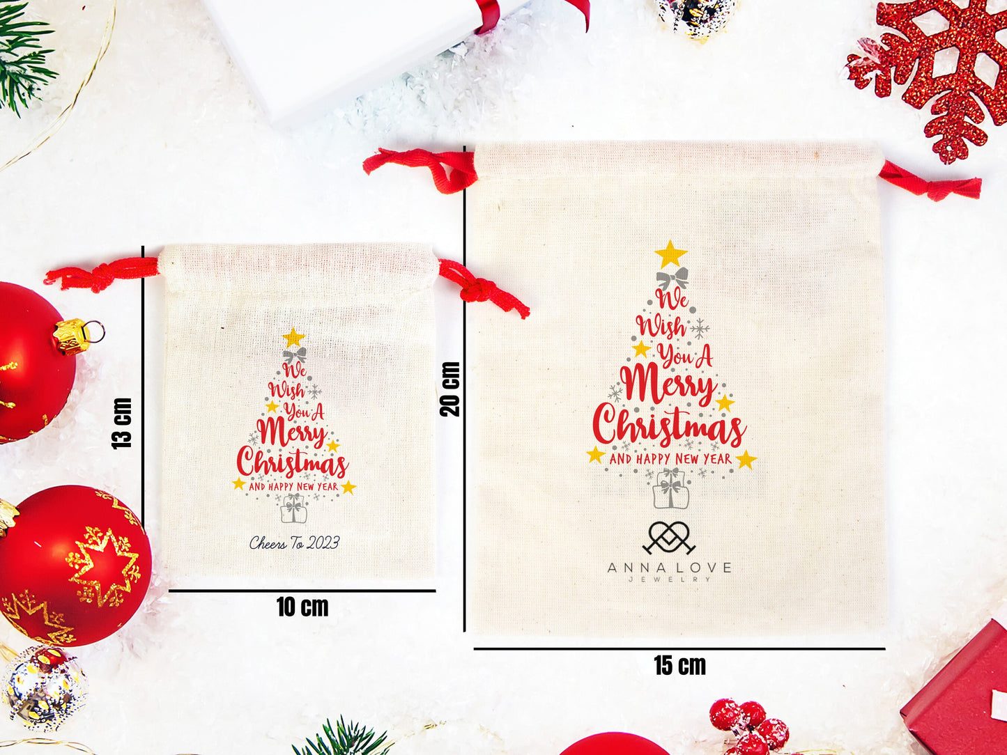 New Year and Merry Christmas Pouch Bags,  Custom Family or Company Gift Bags, You Can Add Logo & Text, Cotton Bags , Personalized Muslin Bags