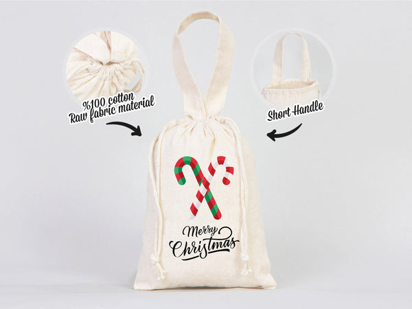 Custom Merry Christmas Bags  Logo & Text  - 6"W x 8"H (15.5 cm x 20 cm) - Personalized Cotton and Muslin Pouches for Family or Company Gifts