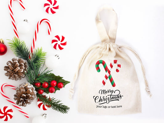 Custom Merry Christmas Bags  Logo & Text  - 6"W x 8"H (15.5 cm x 20 cm) - Personalized Cotton and Muslin Pouches for Family or Company Gifts