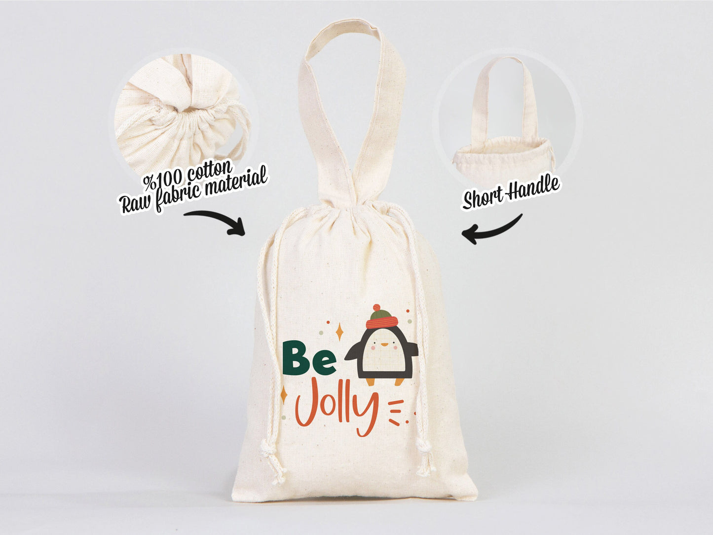 Be Jolly Bags - 6"W x 8"H (15 cm x 20 cm) Custom Family or Company Bags  - Add Logo & Text - Personalized Cotton Muslin Bags