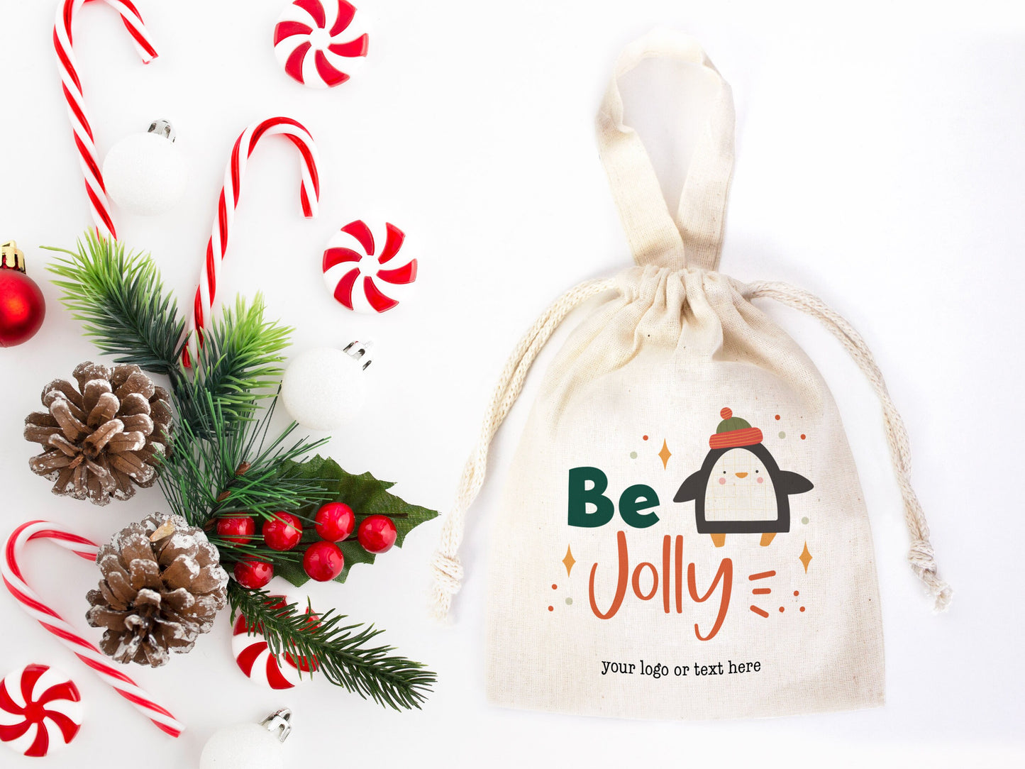 Be Jolly Bags - 6"W x 8"H (15 cm x 20 cm) Custom Family or Company Bags  - Add Logo & Text - Personalized Cotton Muslin Bags