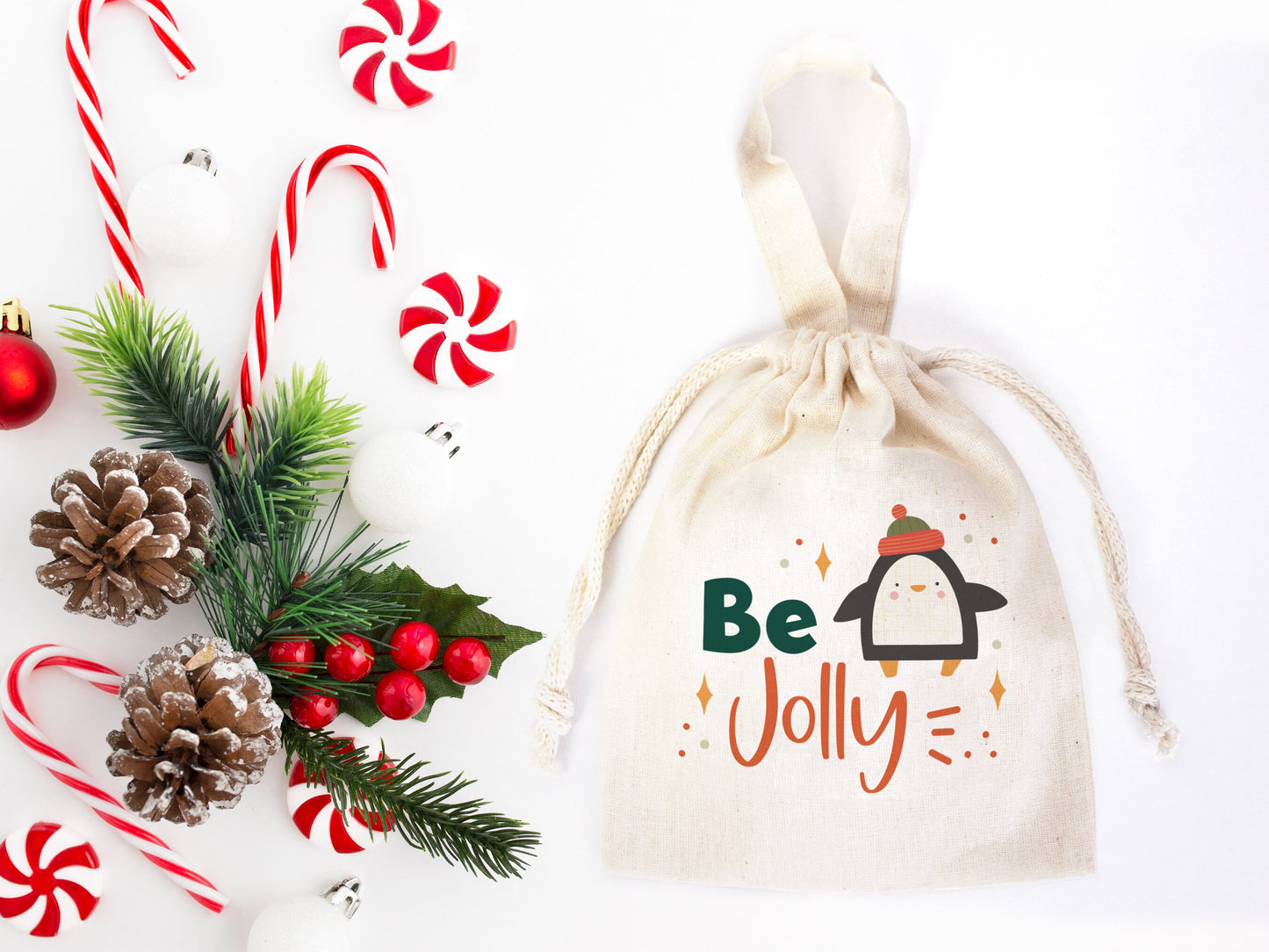 Be Jolly Bags - 6"W x 8"H (15 cm x 20 cm) Custom Family or Company Bags  - Add Logo & Text - Personalized Cotton Muslin Bags