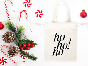 Ho Ho Ho! Christmas Tote Bags -  6"W x 8"H (15.5 cm x 20 cm)  Custom Family or Company Bags - Add Your Logo & Text -  Personalized Cotton Bags