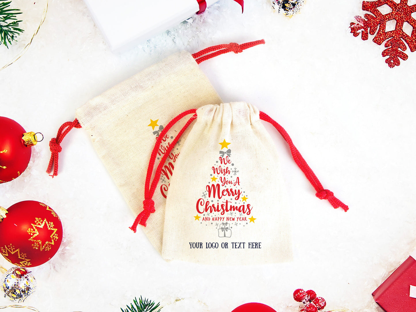 New Year and Merry Christmas Pouch Bags,  Custom Family or Company Gift Bags, You Can Add Logo & Text, Cotton Bags , Personalized Muslin Bags