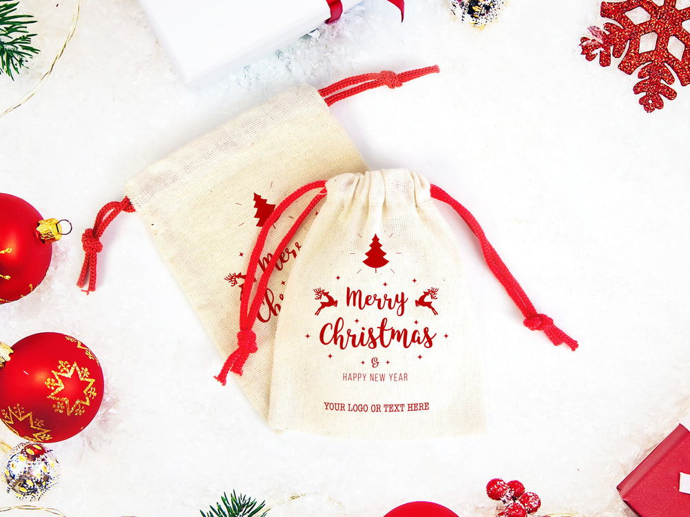 Merry Christmas And New Year  Pouch Bags,  Custom Family or Company Gift Bag, You Can Add Logo & Text, Cotton Bags, Personalized Muslin Bags