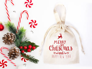 Merry Christmas And New Year Bags, 6"W x 8"H (15 cm x 20 cm) Custom Family or Company Bags, Add Logo & Text, Personalized Cotton Bags