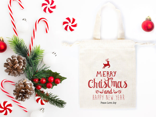 Merry Christmas And New Year Bags, 6"W x 8"H (15 cm x 20 cm) Custom Family or Company Bags, Add Logo & Text, Personalized Cotton Bags