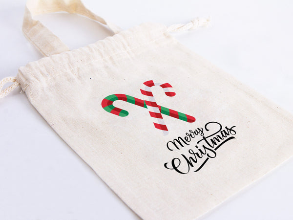 Custom Merry Christmas Bags  Logo & Text  - 6"W x 8"H (15.5 cm x 20 cm) - Personalized Cotton and Muslin Pouches for Family or Company Gifts