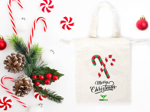 Custom Merry Christmas Bags  Logo & Text  - 6"W x 8"H (15.5 cm x 20 cm) - Personalized Cotton and Muslin Pouches for Family or Company Gifts