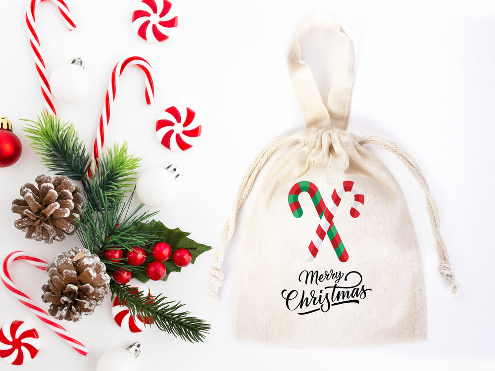 Custom Merry Christmas Bags  Logo & Text  - 6"W x 8"H (15.5 cm x 20 cm) - Personalized Cotton and Muslin Pouches for Family or Company Gifts