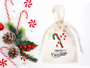 Custom Merry Christmas Bags  Logo & Text  - 6"W x 8"H (15.5 cm x 20 cm) - Personalized Cotton and Muslin Pouches for Family or Company Gifts