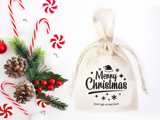 Merry Christmas Favor Bags, 6"W x 8"H (15 cm x 20 cm) Custom Family or Company Bags, Add Logo & Text, Personalized Cotton Bags, Muslin Bags, New year Pouches