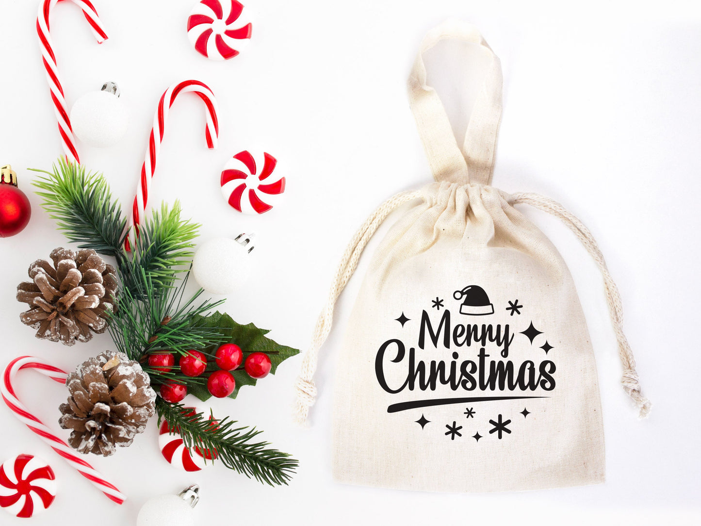 Merry Christmas Favor Bags, 6"W x 8"H (15 cm x 20 cm) Custom Family or Company Bags, Add Logo & Text, Personalized Cotton Bags, Muslin Bags, New year Pouches