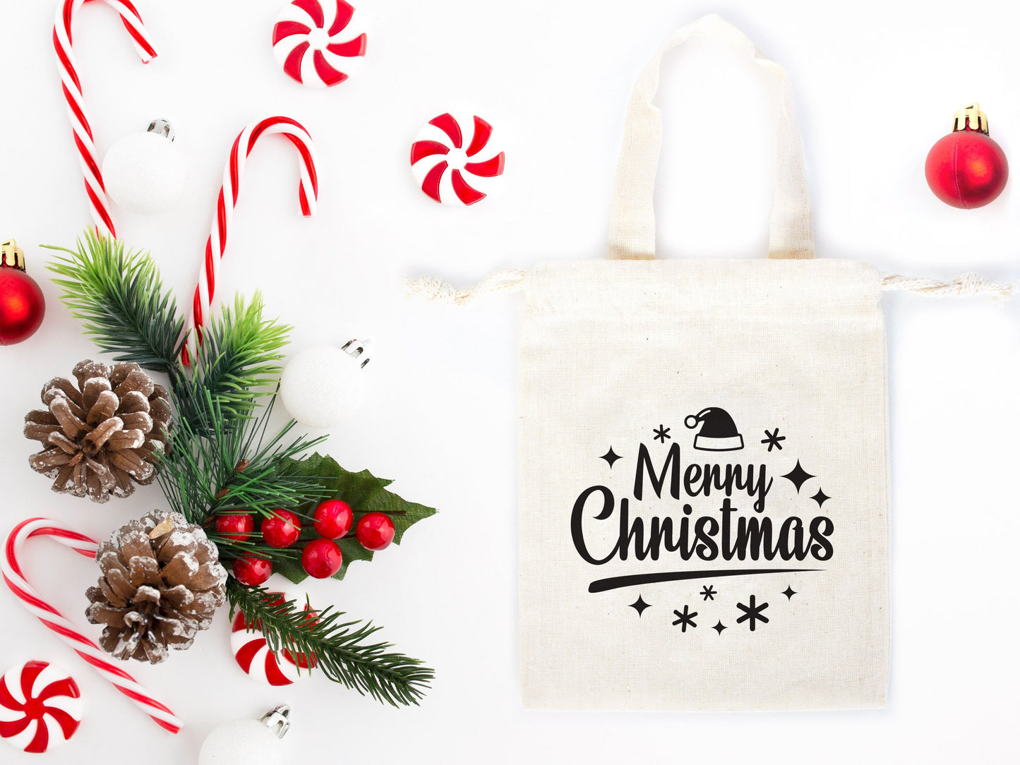 Merry Christmas Favor Bags, 6"W x 8"H (15 cm x 20 cm) Custom Family or Company Bags, Add Logo & Text, Personalized Cotton Bags, Muslin Bags, New year Pouches