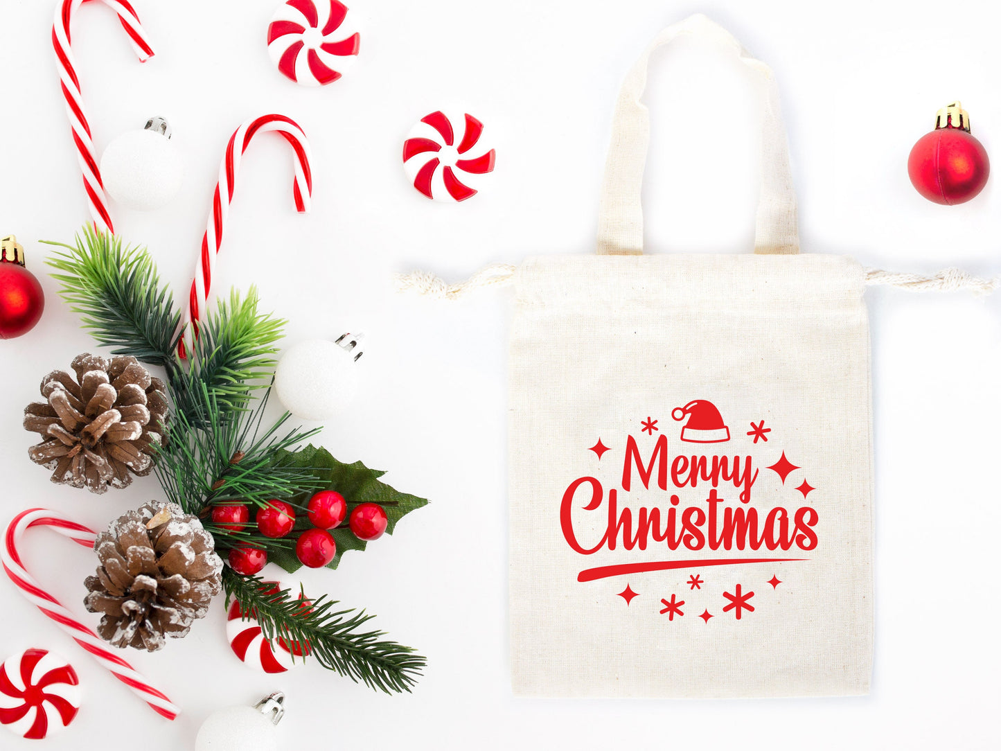 Merry Christmas Favor Bags, 6"W x 8"H (15 cm x 20 cm) Custom Family or Company Bags, Add Logo & Text, Personalized Cotton Bags, Muslin Bags, New year Pouches