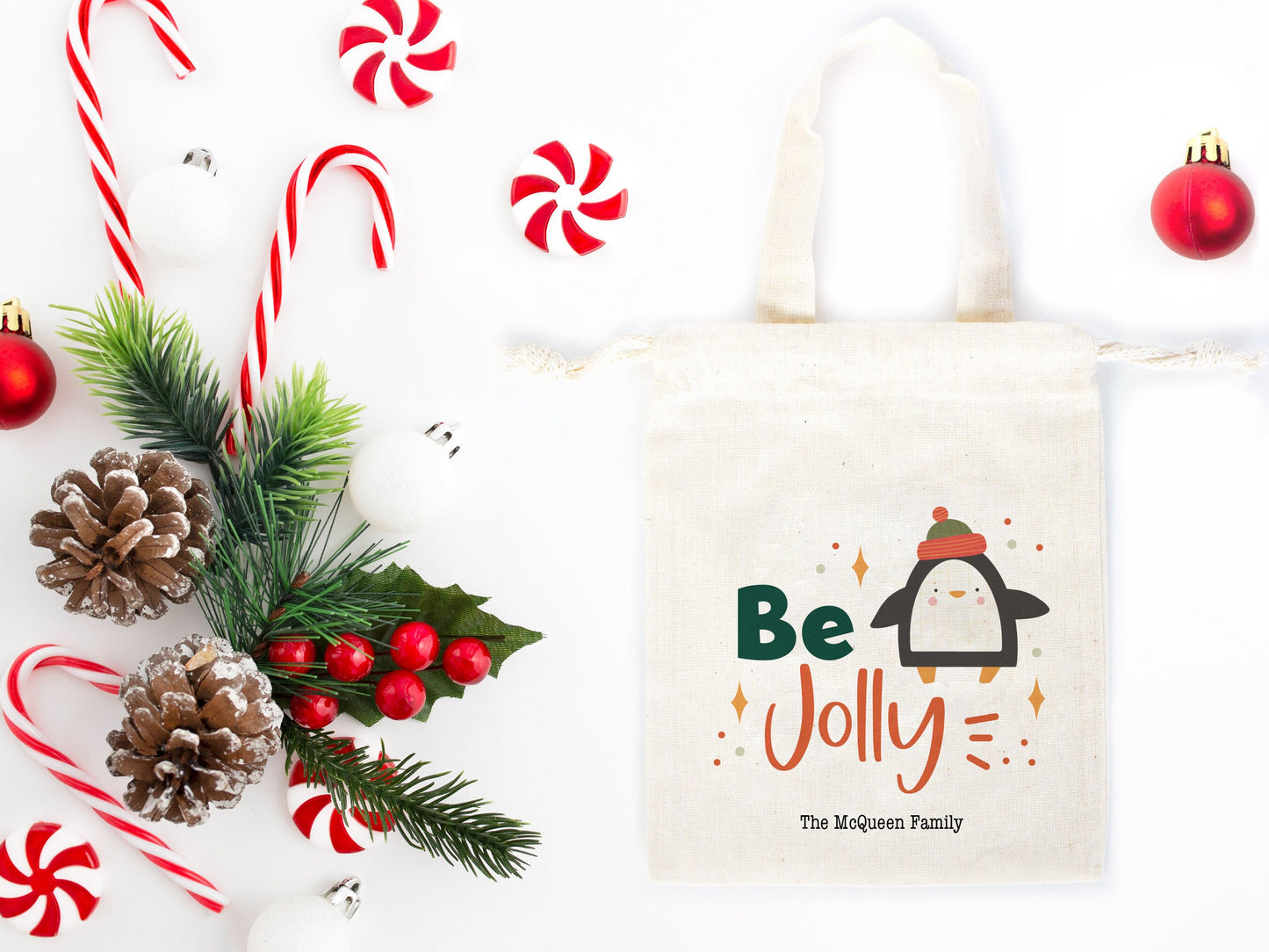 Be Jolly Bags - 6"W x 8"H (15 cm x 20 cm) Custom Family or Company Bags  - Add Logo & Text - Personalized Cotton Muslin Bags