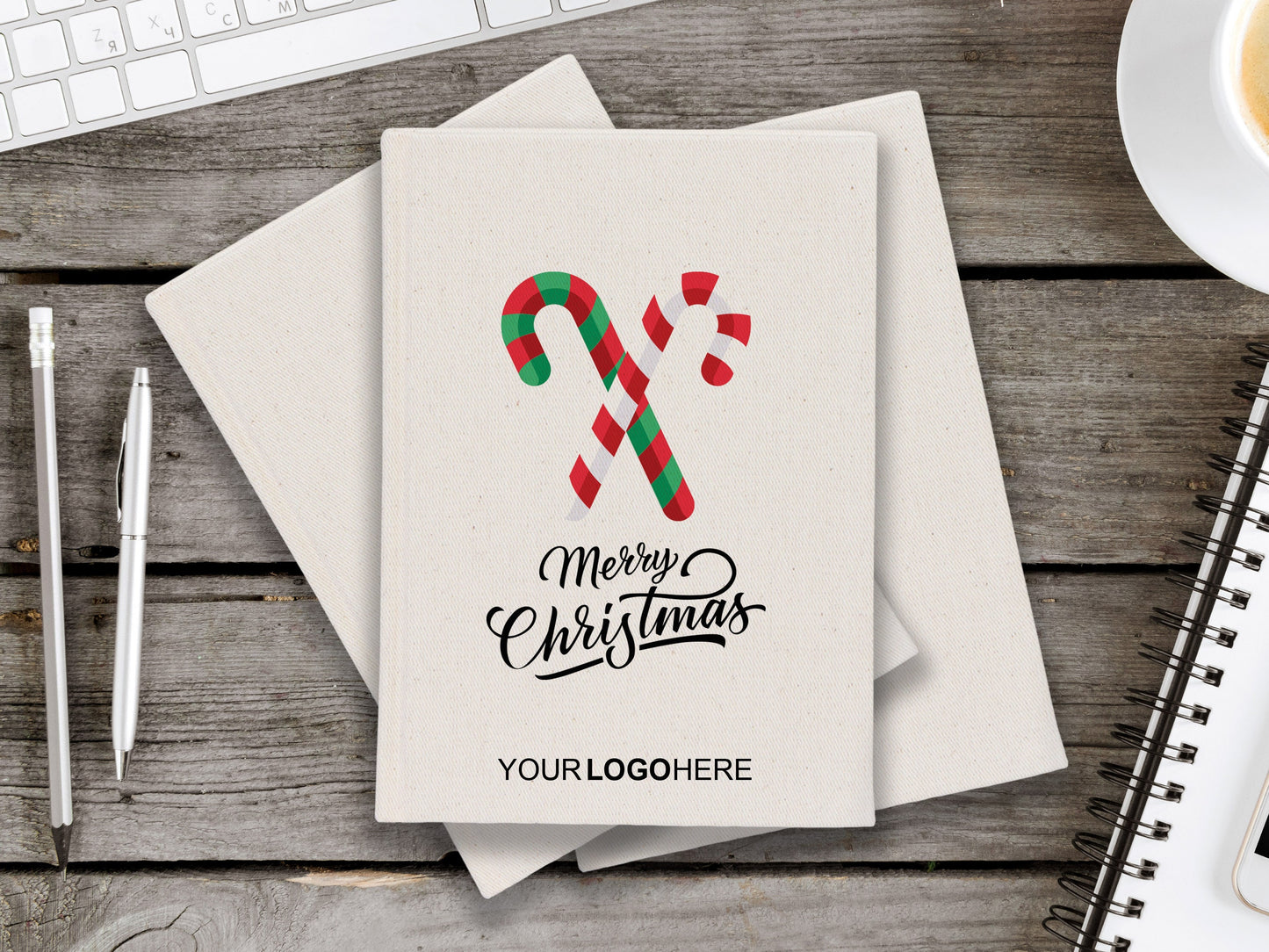 Personalized Notebook 5"W x 8"H  (14 x 20 cm), A5 Canvas Cover, Your Logo or Text Here, Merry Christmas Designs, Happy New Year