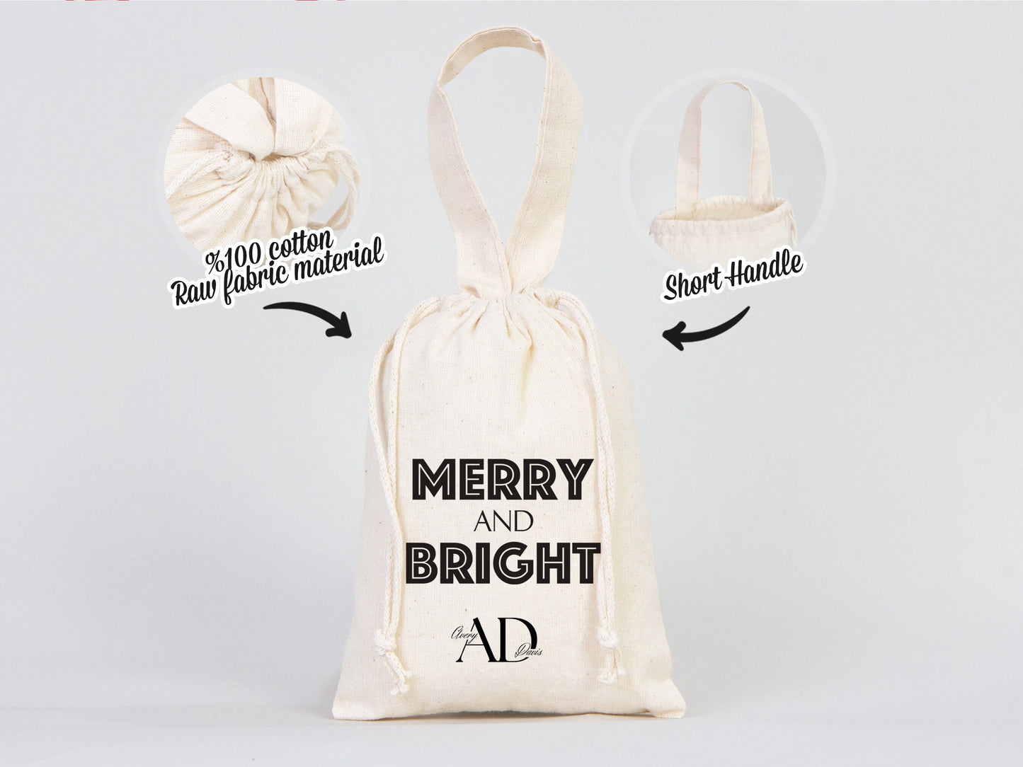 Merry And Bright Bags, 6"W x 8"H (15 cm x 20 cm)  Custom Family or Company Bags, Add Logo & Text - Personalized Cotton Bags For You, Christmas Gift Bag