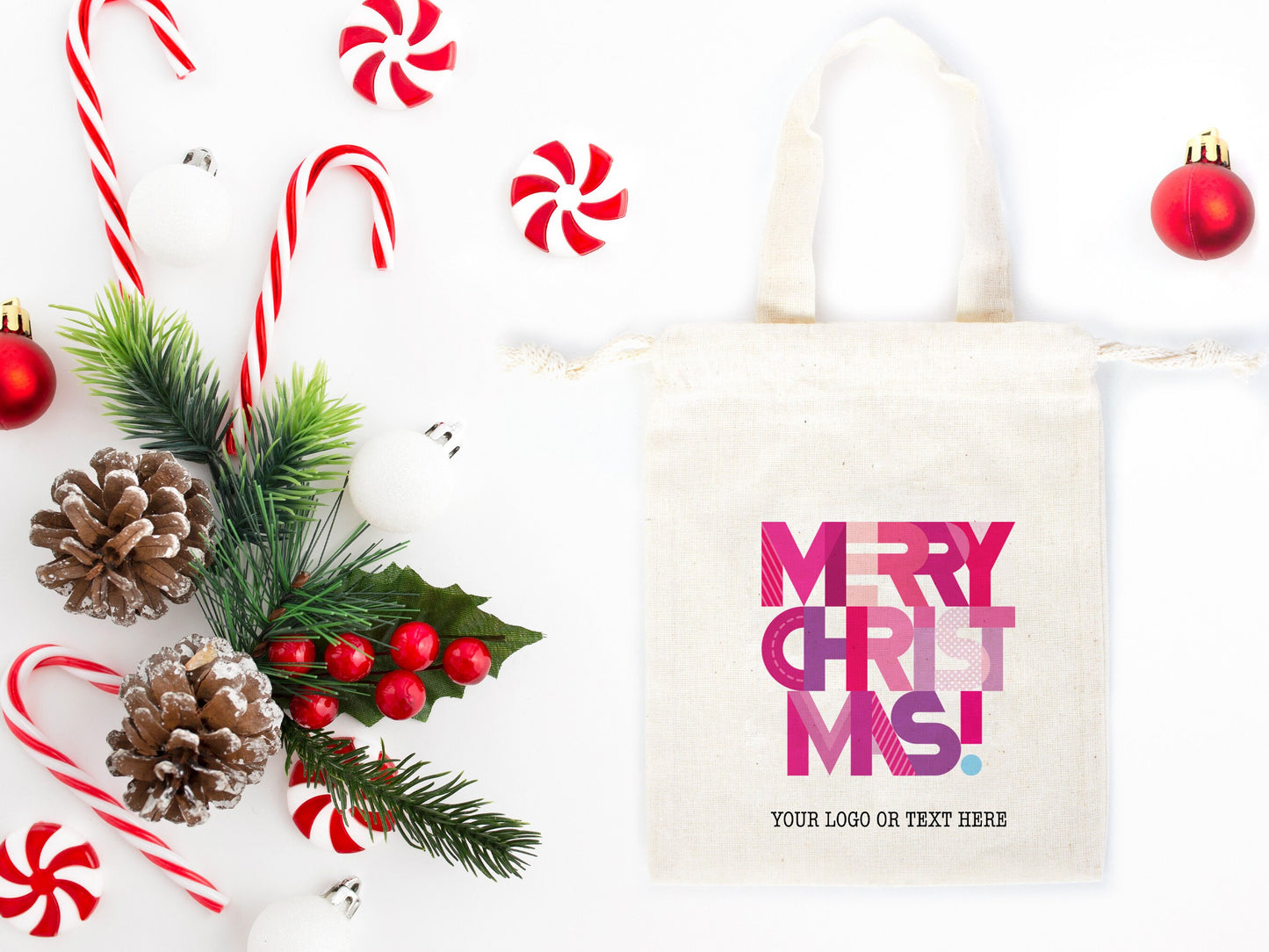 Custom Merry Christmas Gift Bag - 6"W x 8"H (16 x 20 cm)  Personalized Family or Company Bags with Logo & Text, Personalized Christmas Mini Bag