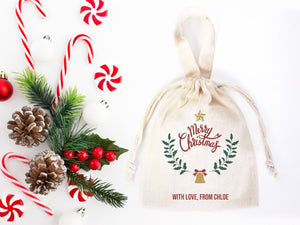 Merry Christmas Bags,  6"W x 8"H (15 cm x 20 cm) -  Happy New Year Holiday Gift Bag, Custom Family or Company Bags, Add Logo & Text,Personalized Cotton Bags