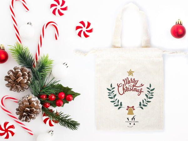 Merry Christmas Bags,  6"W x 8"H (15 cm x 20 cm) -  Happy New Year Holiday Gift Bag, Custom Family or Company Bags, Add Logo & Text,Personalized Cotton Bags