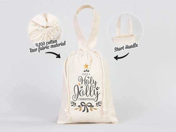 Holly Jolly Bags 6"W x 8"H (15.5 cm x 20 cm) Custom Family or Company Bags, Add Logo & Text, Personalized Cotton Bags For You, Muslin Bags, New year Pouches