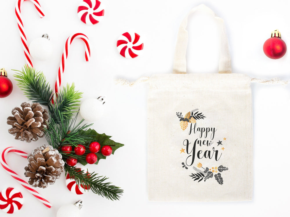 Happy New Year Bear Favor Bags - 6"W x 8"H (15.5 cm x 20 cm)  Personalised Cotton & Muslin Bags, New Year Pouch Bags