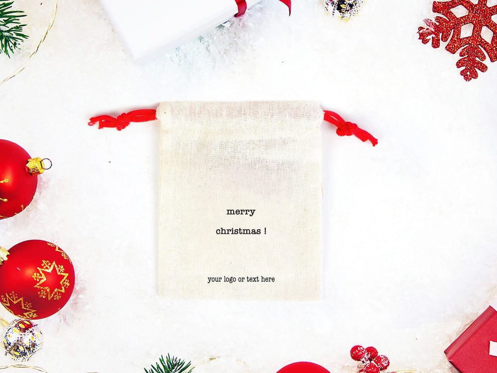 Customizable Merry Christmas Bags - Add Logo & Text - Colorful Drawstring - Personalized Cotton Tote Bag for Holiday