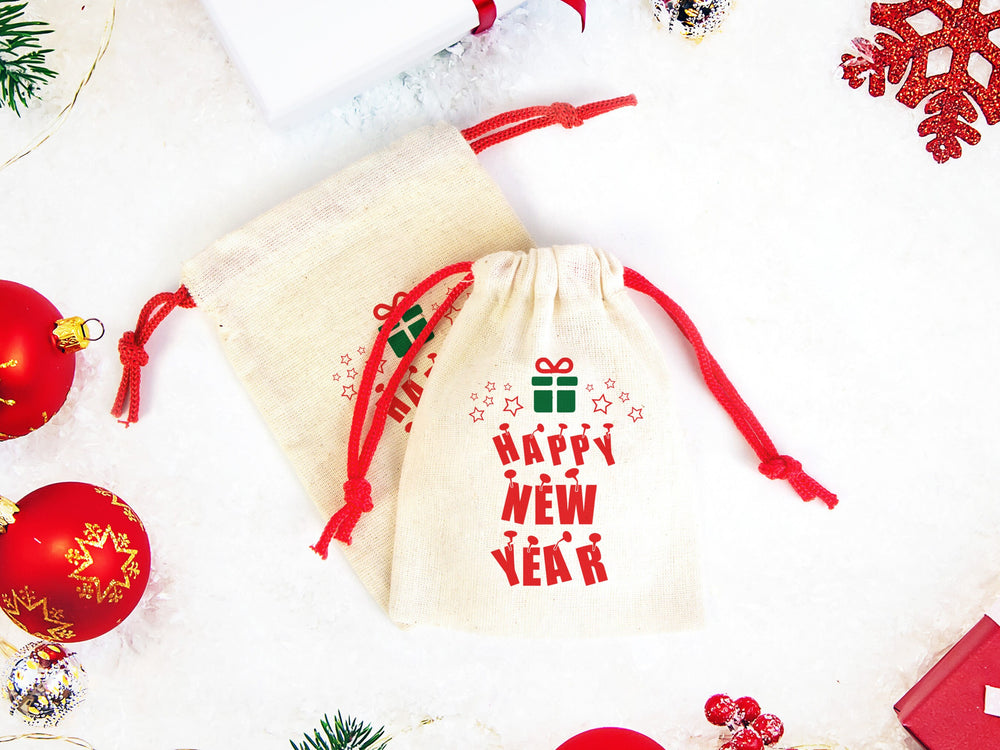 Colorful Happy New Year Bags - Personalized Cotton Pouch Gifts | Custom Drawstring Rope - Wholesale Bags