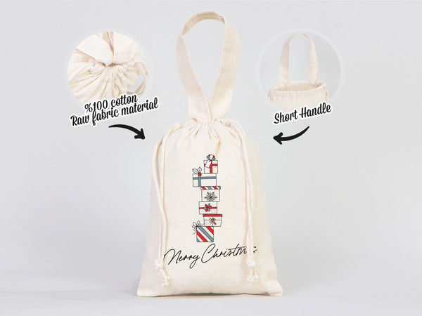 Wholesale Custom Logo Printed Christmas Gift Bags -  6"W x 8"H (15x20 cm) Personalized Cotton and Muslin Bags for Family & Company Gifts | Add Your Logo, Text