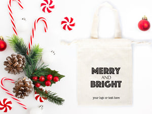 Merry And Bright Bags, 6"W x 8"H (15 cm x 20 cm)  Custom Family or Company Bags, Add Logo & Text - Personalized Cotton Bags For You, Christmas Gift Bag