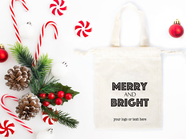 Merry And Bright Bags, 6"W x 8"H (15 cm x 20 cm)  Custom Family or Company Bags, Add Logo & Text - Personalized Cotton Bags For You, Christmas Gift Bag
