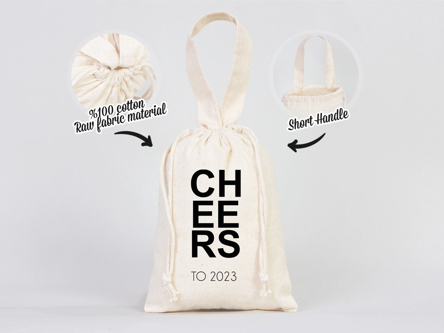 Personalized Cheers to 2023 Bags, 6"W x 8"H (15.5 cm x 20 cm) Custom Family or Company Bags, Bachelorette Party, Personalized Cotton Bags, Happy Holiday Gift Bag