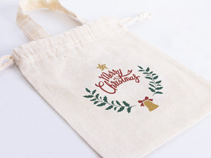 Merry Christmas Bags,  6"W x 8"H (15 cm x 20 cm) -  Happy New Year Holiday Gift Bag, Custom Family or Company Bags, Add Logo & Text,Personalized Cotton Bags