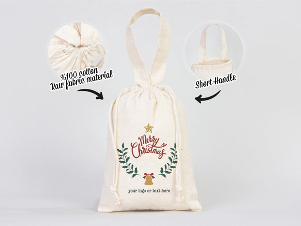 Merry Christmas Bags,  6"W x 8"H (15 cm x 20 cm) -  Happy New Year Holiday Gift Bag, Custom Family or Company Bags, Add Logo & Text,Personalized Cotton Bags