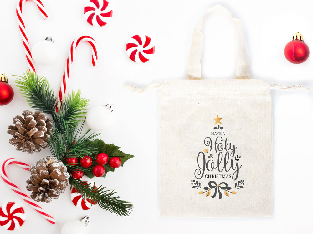 Holly Jolly Bags 6"W x 8"H (15.5 cm x 20 cm) Custom Family or Company Bags, Add Logo & Text, Personalized Cotton Bags For You, Muslin Bags, New year Pouches