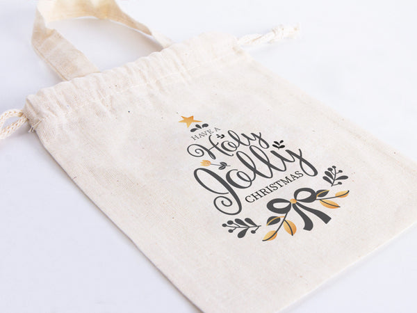 Holly Jolly Bags 6"W x 8"H (15.5 cm x 20 cm) Custom Family or Company Bags, Add Logo & Text, Personalized Cotton Bags For You, Muslin Bags, New year Pouches
