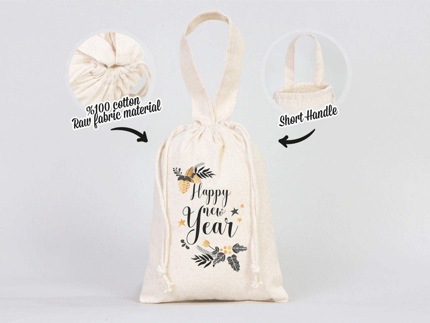 Happy New Year Bear Favor Bags - 6"W x 8"H (15.5 cm x 20 cm)  Personalised Cotton & Muslin Bags, New Year Pouch Bags