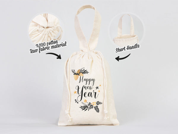 Happy New Year Bear Favor Bags - 6"W x 8"H (15.5 cm x 20 cm)  Personalised Cotton & Muslin Bags, New Year Pouch Bags